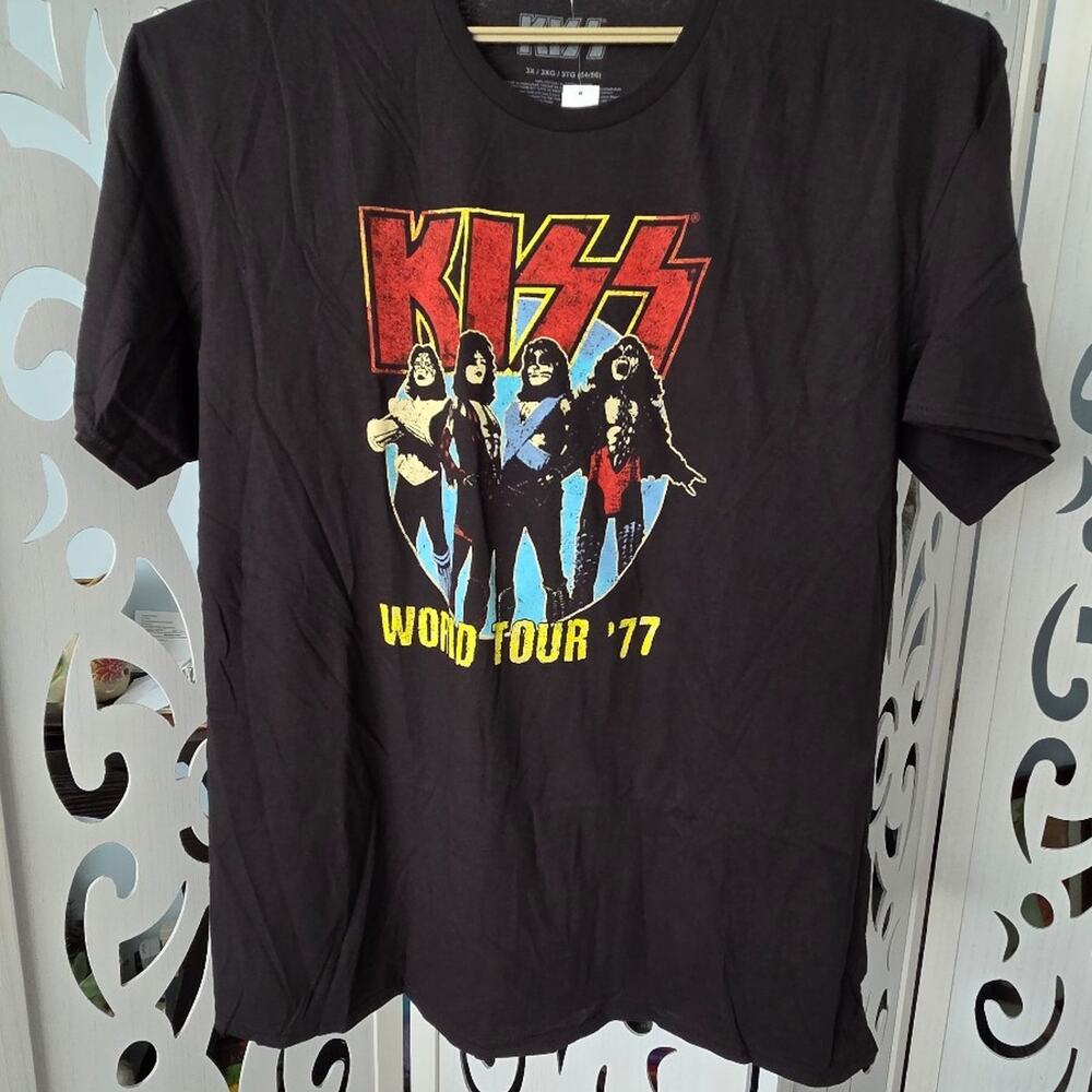 KISS World Tour 77 T-Shirt Mens 3XL Black Rock Band Concert Graphic Tee NWOT 3X
